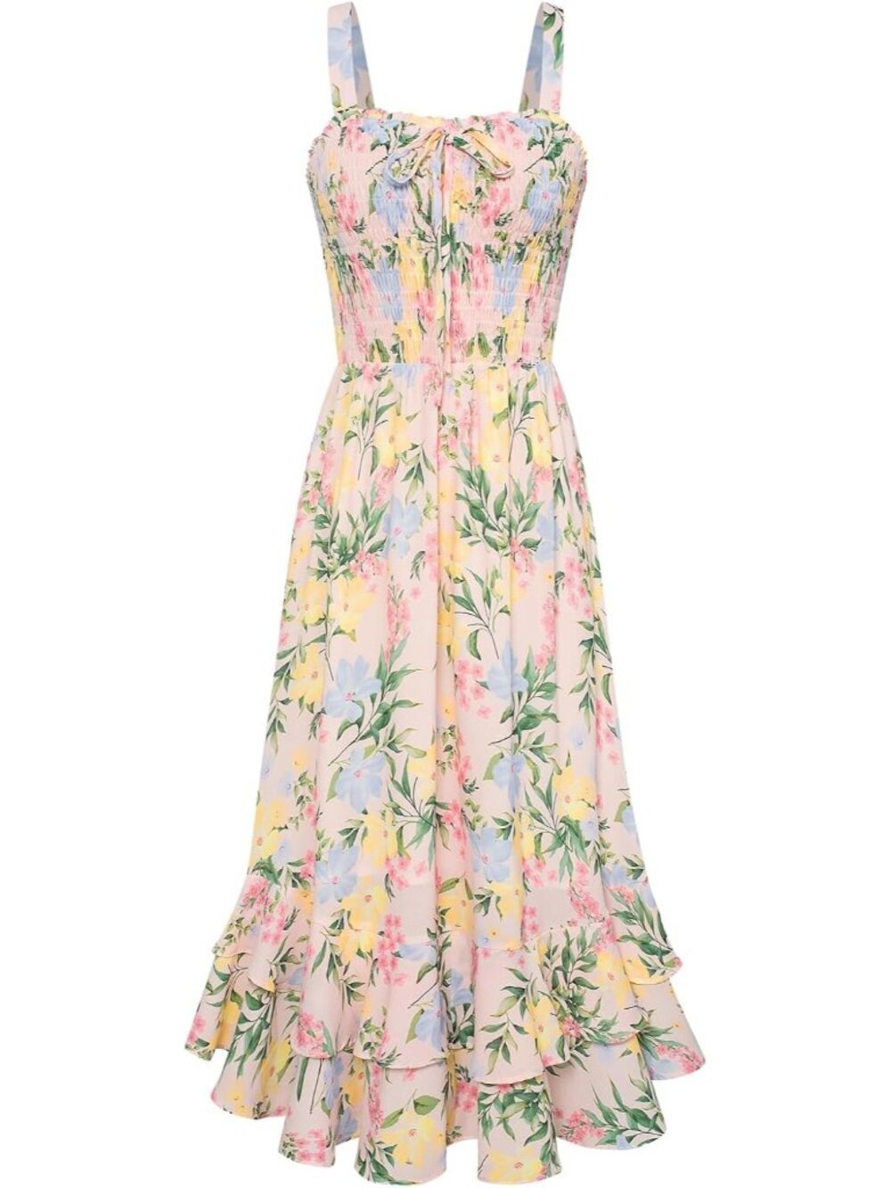 Women's Blue Yellow Square Neck Strapped A LINE Floral Boho Long Maxi Dress